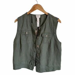 Chico's Linen and Cotton blend  Vest Size 2 Lace back Army Green Color